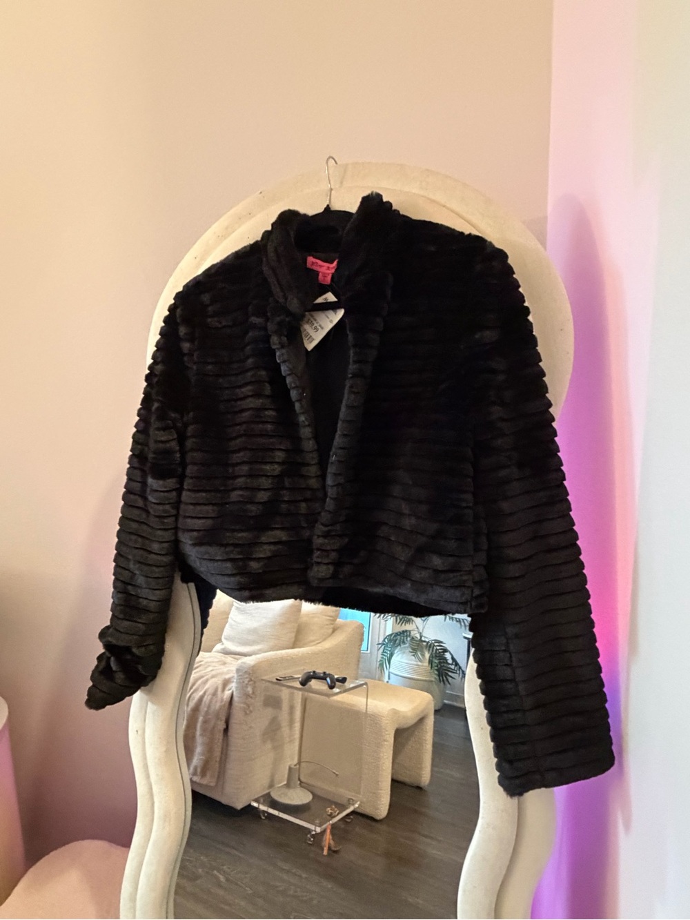 Betsey Johnson Black Faux Fur Cropped Teddy Jacket